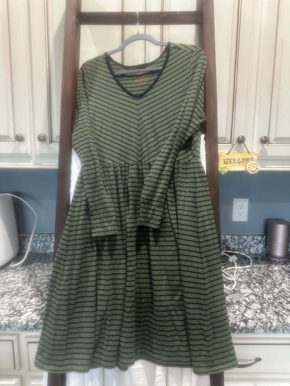 love, hanna Women's Olive Green & Black Striped Long Sleeve Babydoll Midi Dress